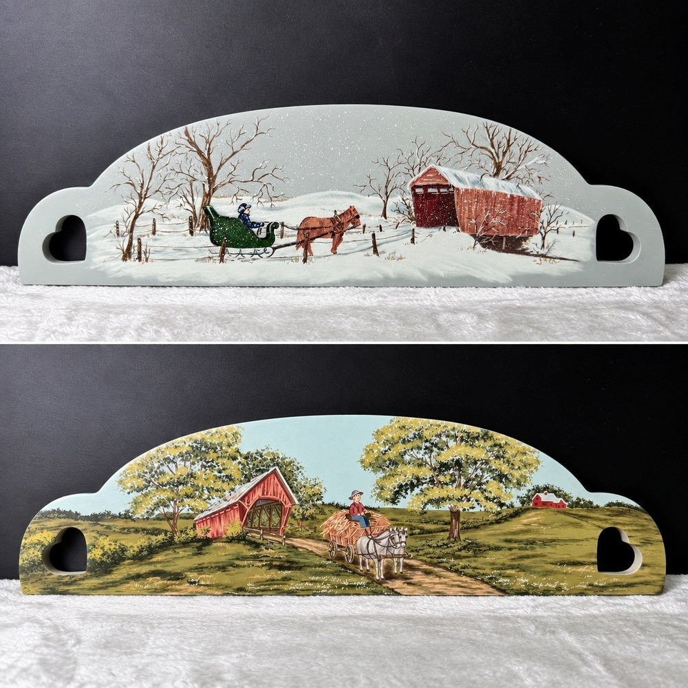 Vtg. Reversible Wood Wall Decor Winter Summer Horse Sleigh Covered Bridge Hearts